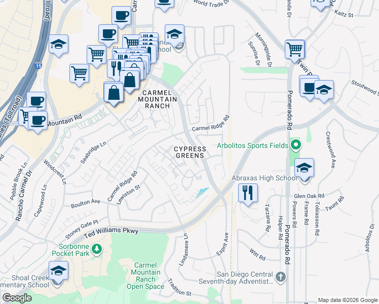 map of restaurants, bars, coffee shops, grocery stores, and more near 14134 Via Alisal in San Diego