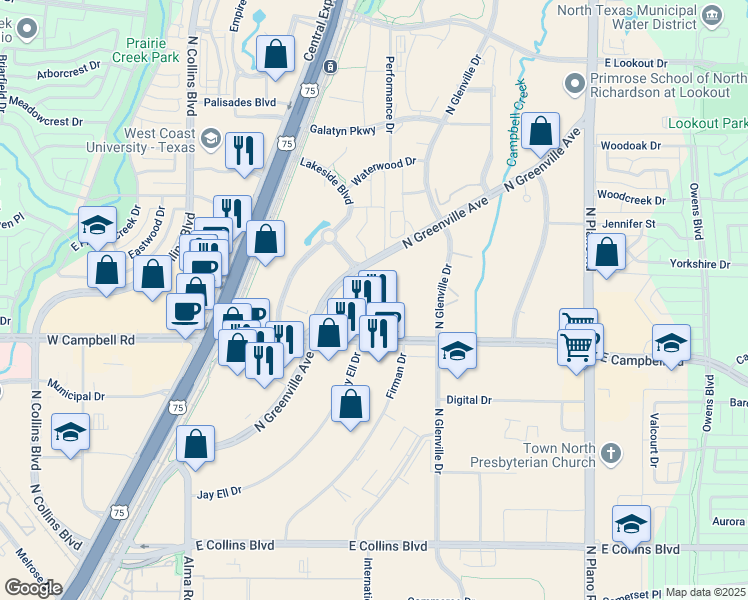 map of restaurants, bars, coffee shops, grocery stores, and more near 2088 N Greenville Ave in Richardson