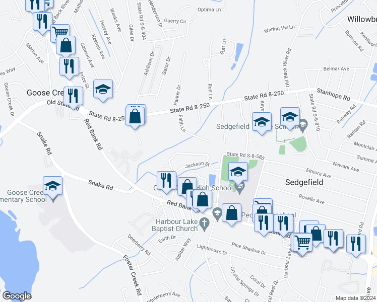 map of restaurants, bars, coffee shops, grocery stores, and more near 503 Truman Drive in Goose Creek