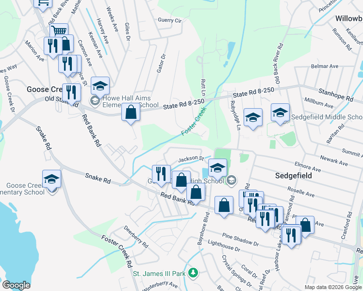 map of restaurants, bars, coffee shops, grocery stores, and more near 325 Faith Lane in Goose Creek