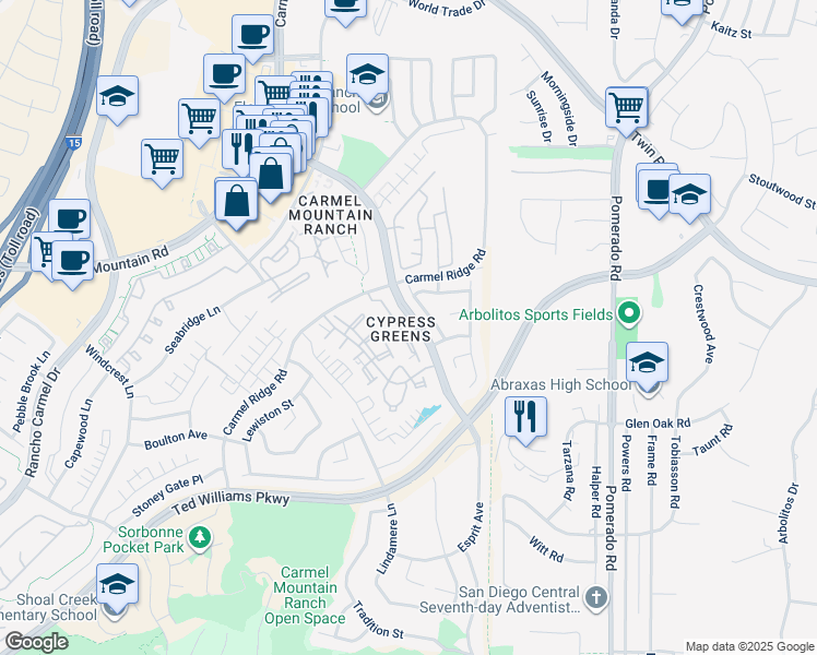 map of restaurants, bars, coffee shops, grocery stores, and more near 14125 Brent Wilsey Place in San Diego