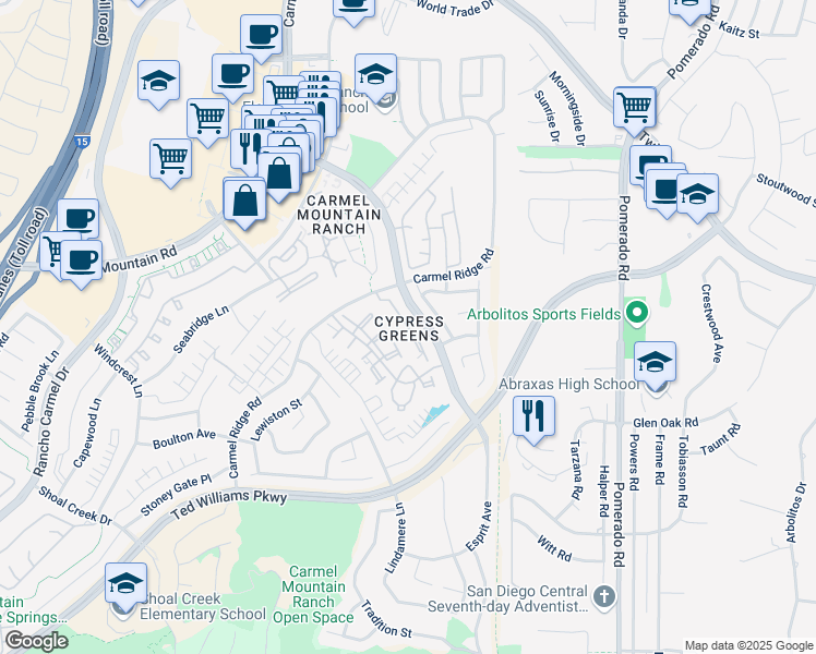 map of restaurants, bars, coffee shops, grocery stores, and more near 14106 Brent Wilsey Place in San Diego