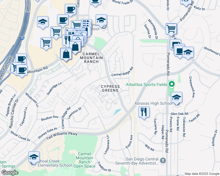 map of restaurants, bars, coffee shops, grocery stores, and more near 14094 Brent Wilsey Place in San Diego