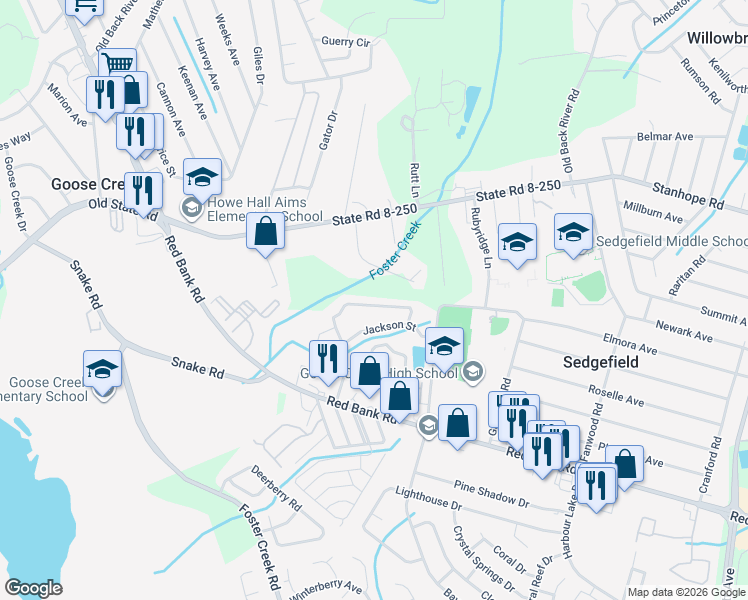 map of restaurants, bars, coffee shops, grocery stores, and more near 325 Faith Lane in Goose Creek