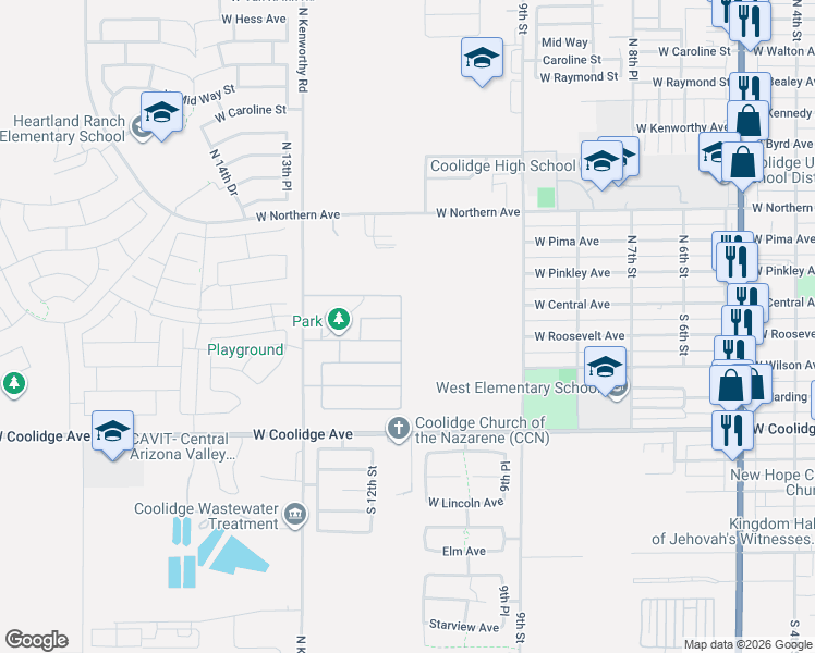 map of restaurants, bars, coffee shops, grocery stores, and more near 127 North Carter Ranch Road in Coolidge