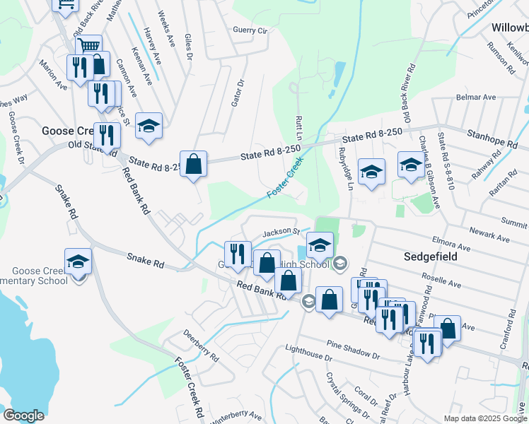 map of restaurants, bars, coffee shops, grocery stores, and more near 325 Faith Lane in Goose Creek