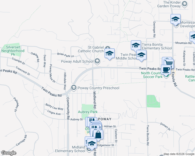 map of restaurants, bars, coffee shops, grocery stores, and more near 13626 Outlook Road in Poway