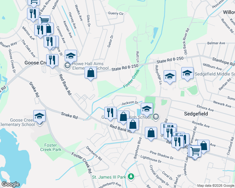 map of restaurants, bars, coffee shops, grocery stores, and more near 321 Faith Lane in Goose Creek