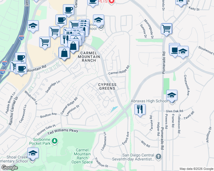 map of restaurants, bars, coffee shops, grocery stores, and more near 14134 Via Alisal in San Diego