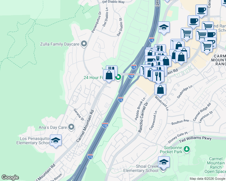 map of restaurants, bars, coffee shops, grocery stores, and more near 14340 Penasquitos Drive in San Diego