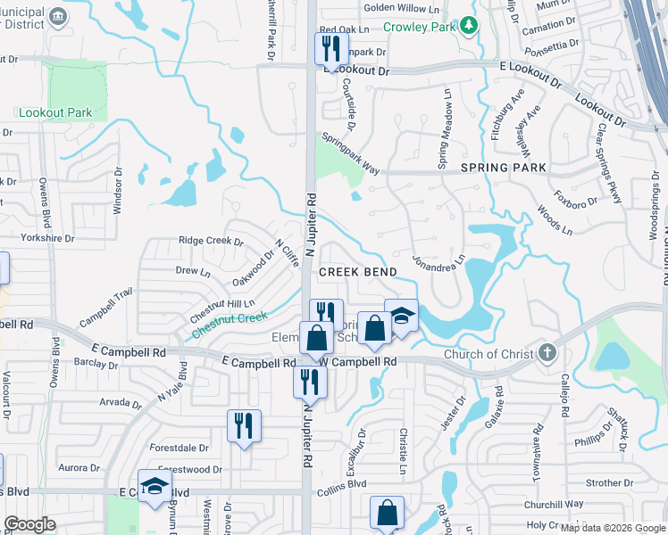 map of restaurants, bars, coffee shops, grocery stores, and more near 3322 Creekbend Drive in Garland