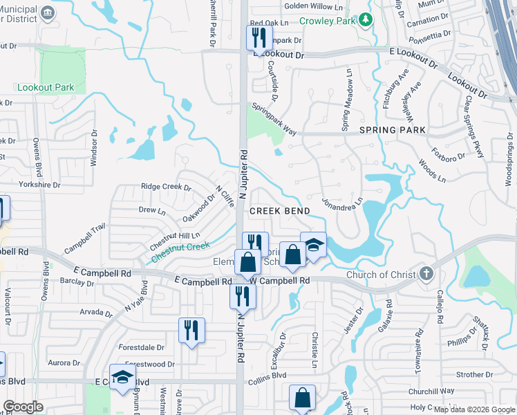 map of restaurants, bars, coffee shops, grocery stores, and more near 3322 Creekbend Drive in Garland