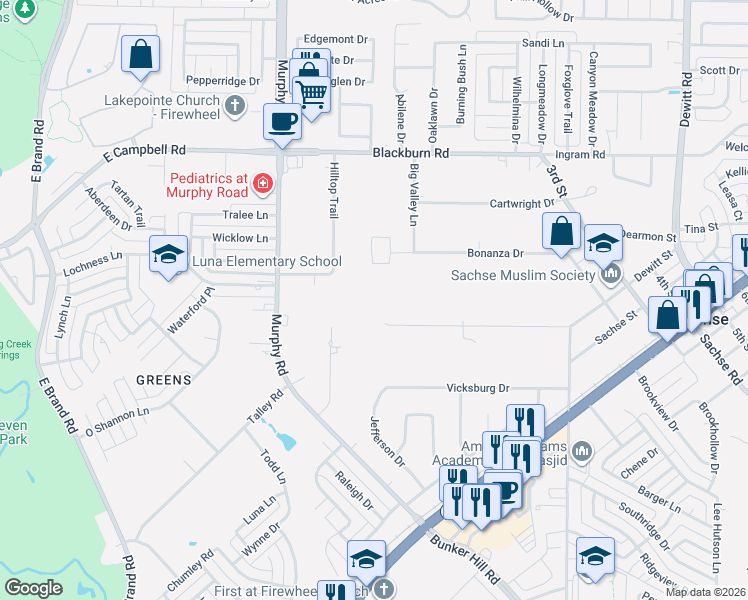 map of restaurants, bars, coffee shops, grocery stores, and more near 1528 Bonanza Court in Sachse