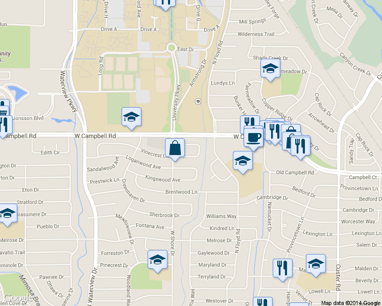 map of restaurants, bars, coffee shops, grocery stores, and more near in Richardson