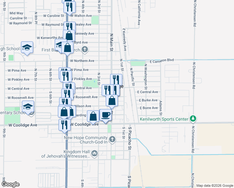 map of restaurants, bars, coffee shops, grocery stores, and more near in Coolidge
