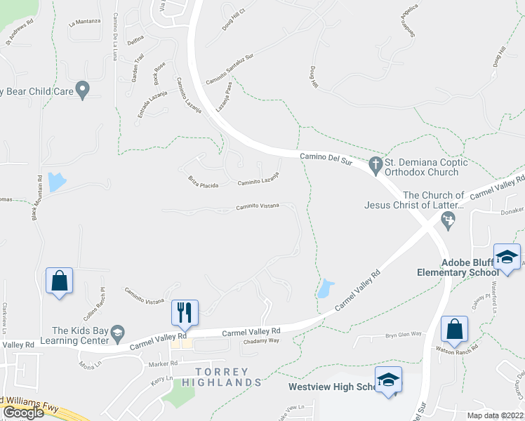 map of restaurants, bars, coffee shops, grocery stores, and more near 14182 Caminito Vistana in San Diego