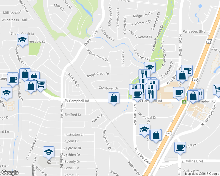 map of restaurants, bars, coffee shops, grocery stores, and more near 398 Crestover Drive in Richardson