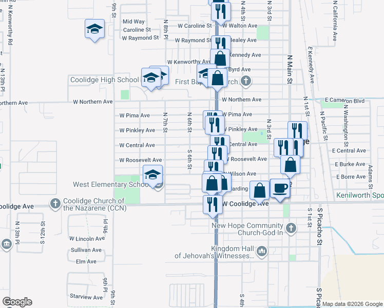 map of restaurants, bars, coffee shops, grocery stores, and more near 108 South 6th Street in Coolidge