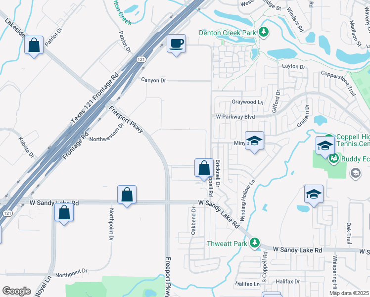 map of restaurants, bars, coffee shops, grocery stores, and more near 220 Freeport Parkway in Coppell