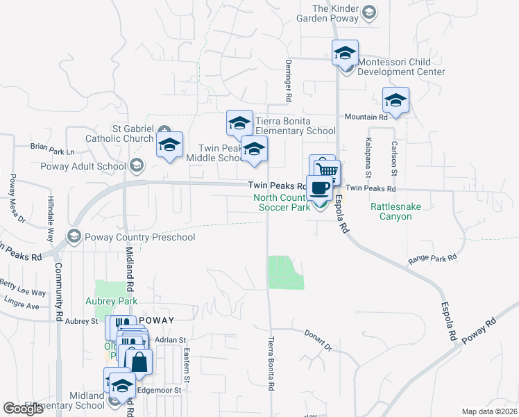 map of restaurants, bars, coffee shops, grocery stores, and more near 13963 Country Creek Road in Poway
