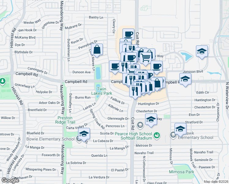 map of restaurants, bars, coffee shops, grocery stores, and more near 16338 Lauder Lane in Dallas