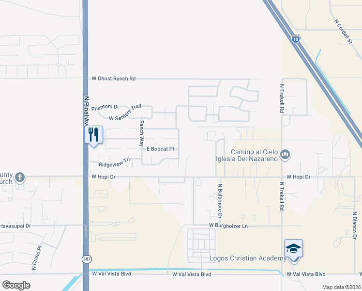 map of restaurants, bars, coffee shops, grocery stores, and more near 3880 Princeton Lane in Casa Grande