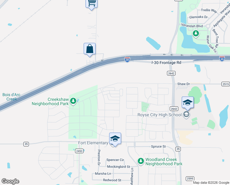 map of restaurants, bars, coffee shops, grocery stores, and more near 5236 Roll Cast Road in Royse City