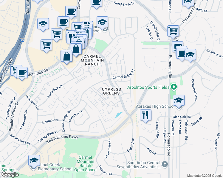 map of restaurants, bars, coffee shops, grocery stores, and more near 14121 Brent Wilsey Place in San Diego