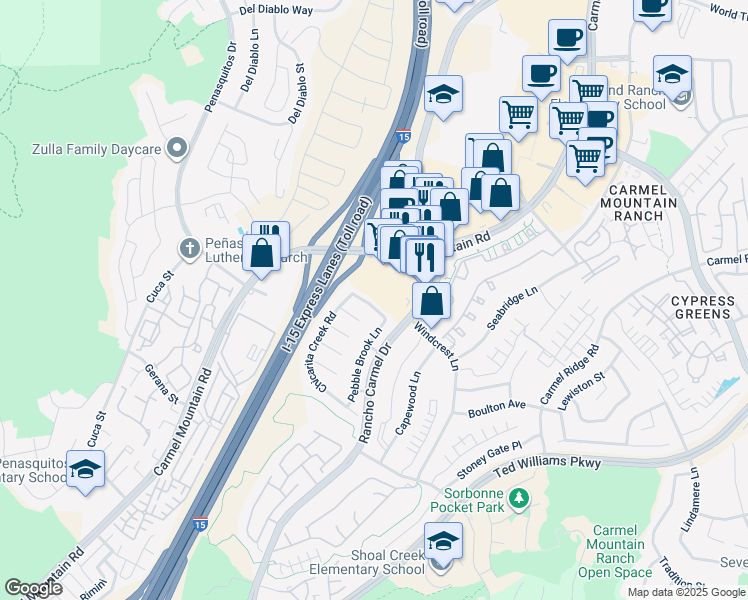 map of restaurants, bars, coffee shops, grocery stores, and more near 11244 Woodrush Lane in San Diego