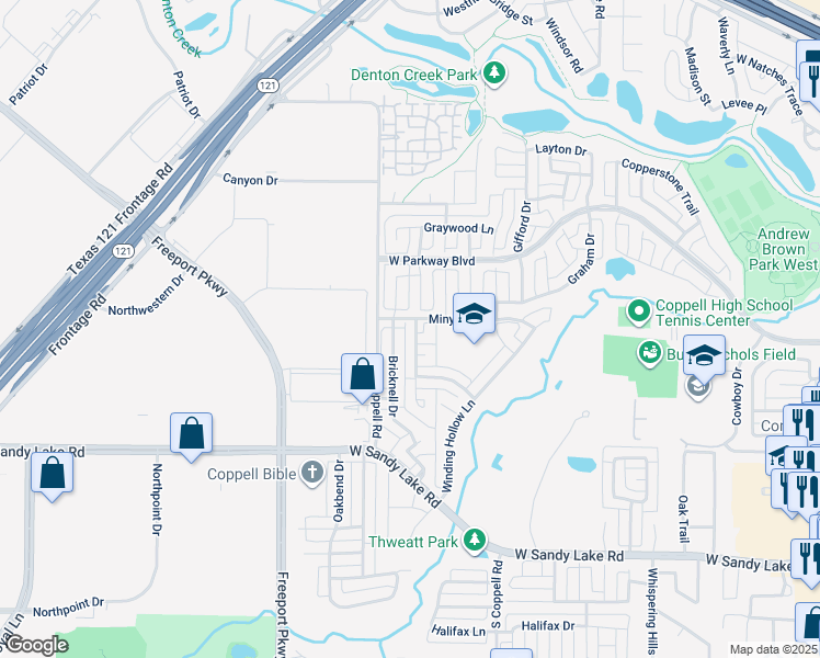 map of restaurants, bars, coffee shops, grocery stores, and more near 302 Buttonwood Court in Coppell