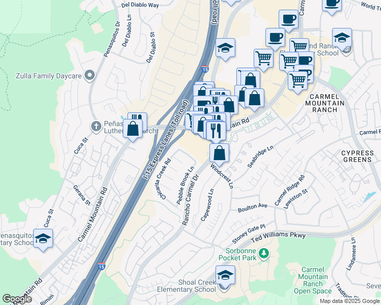 map of restaurants, bars, coffee shops, grocery stores, and more near 11244 Woodrush Lane in San Diego