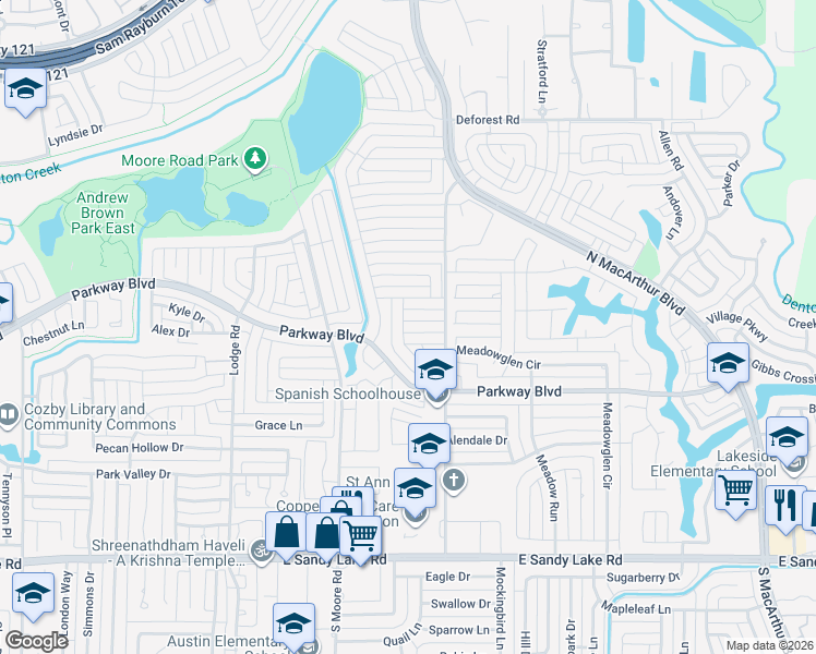 map of restaurants, bars, coffee shops, grocery stores, and more near 632 Coats Street in Coppell