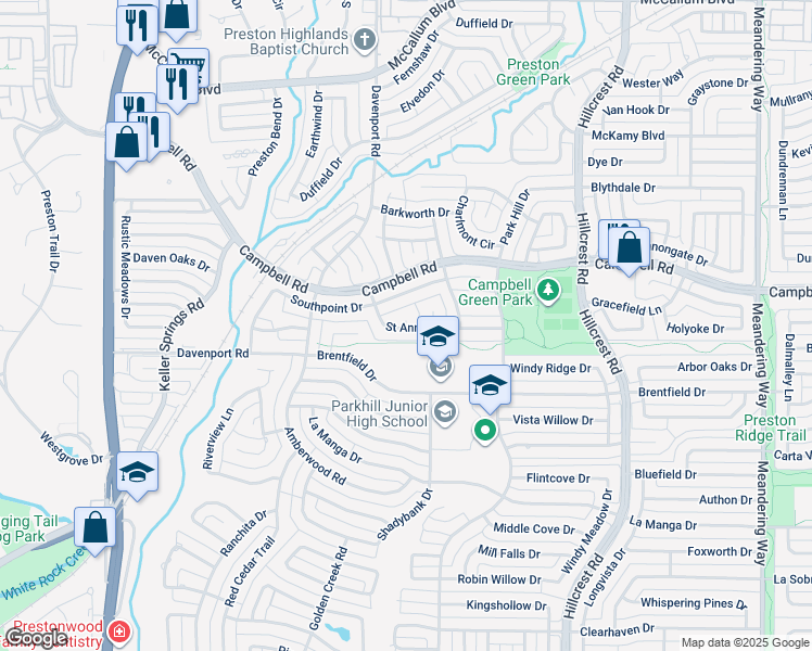 map of restaurants, bars, coffee shops, grocery stores, and more near Saint Anne Court in Dallas