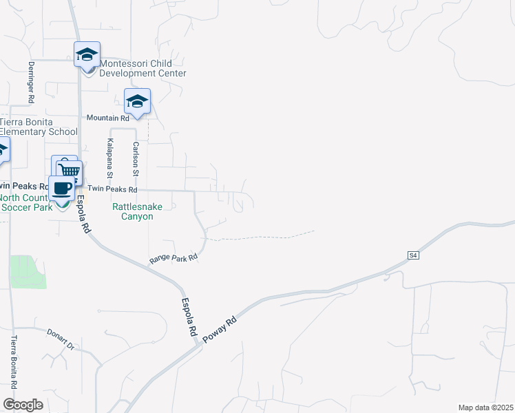 map of restaurants, bars, coffee shops, grocery stores, and more near 14701 Twin Peaks Road in Poway