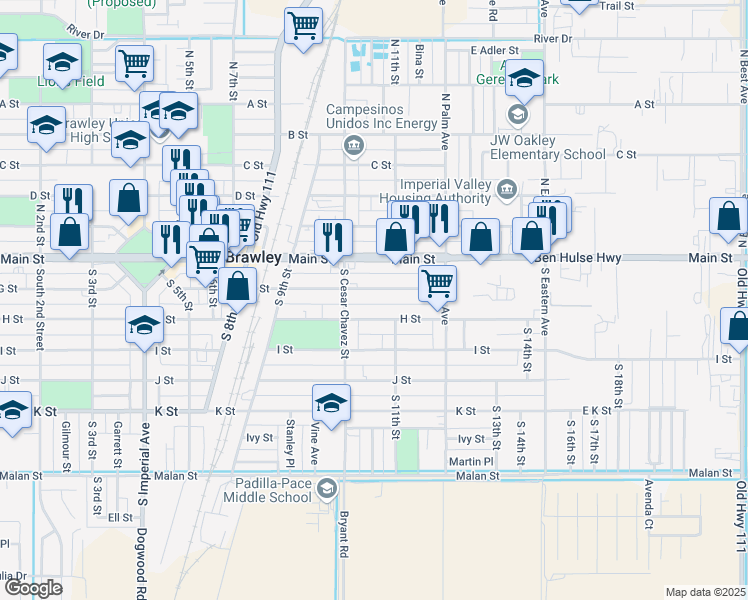 map of restaurants, bars, coffee shops, grocery stores, and more near 1056 G Street in Brawley