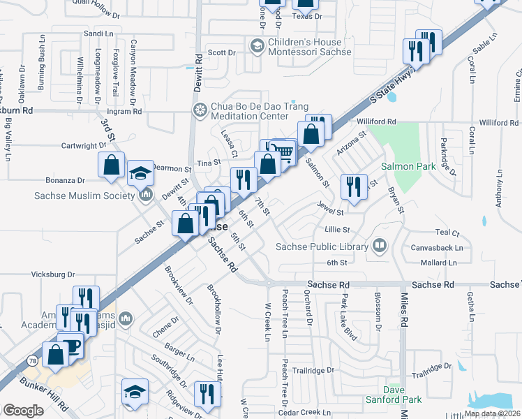 map of restaurants, bars, coffee shops, grocery stores, and more near 6045 Billingsley Street in Sachse