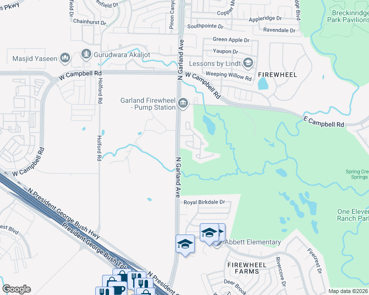 map of restaurants, bars, coffee shops, grocery stores, and more near 55 Summerwood Lane in Garland