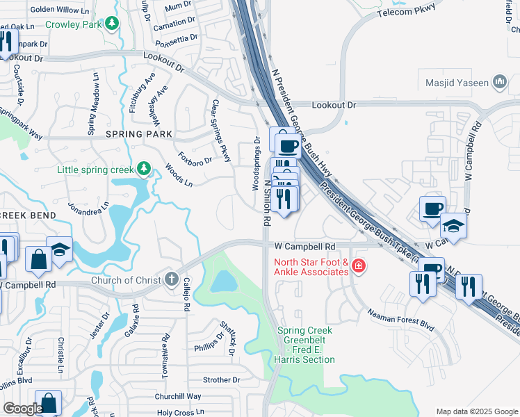 map of restaurants, bars, coffee shops, grocery stores, and more near 6902 Clear Springs Parkway in Garland