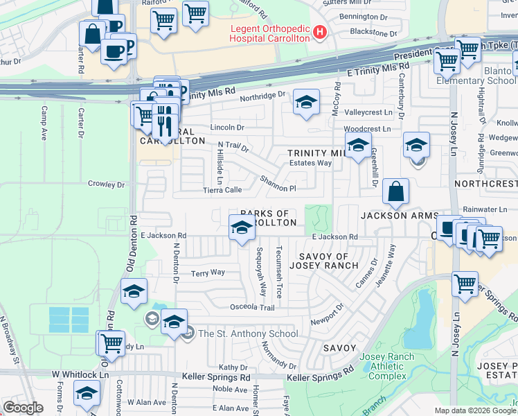 map of restaurants, bars, coffee shops, grocery stores, and more near 1500 Estates Way in Carrollton