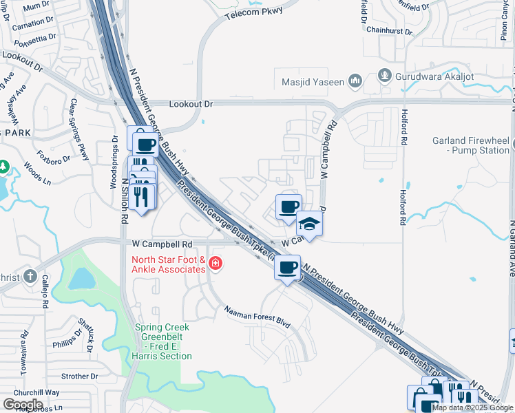 map of restaurants, bars, coffee shops, grocery stores, and more near 2005 Big Spring Road in Garland