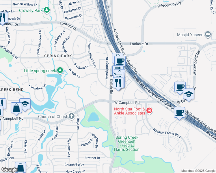 map of restaurants, bars, coffee shops, grocery stores, and more near 6902 Clear Springs Parkway in Garland