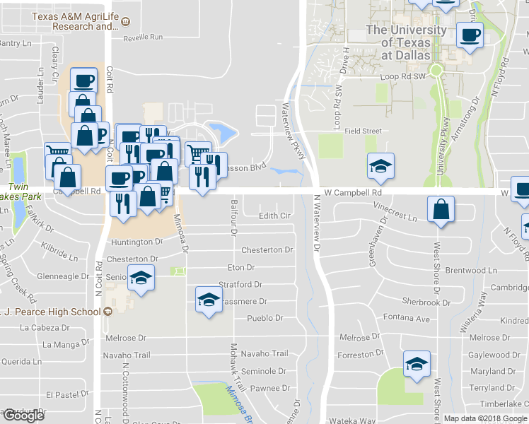 map of restaurants, bars, coffee shops, grocery stores, and more near 1904 Violet Place in Richardson