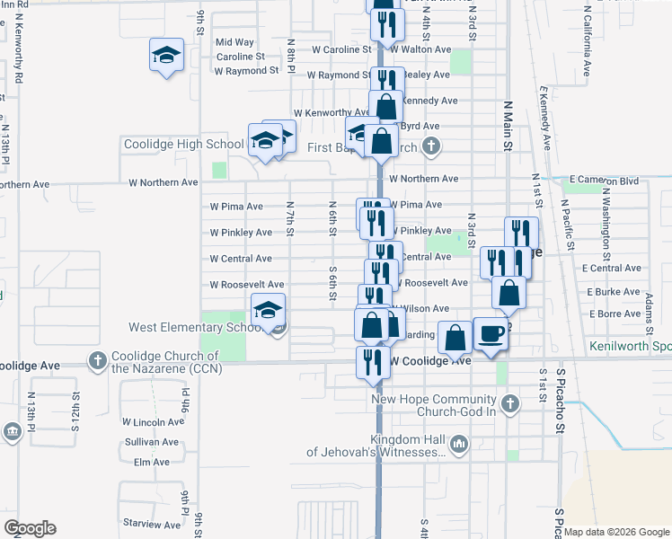 map of restaurants, bars, coffee shops, grocery stores, and more near 147 South 6th Street in Coolidge