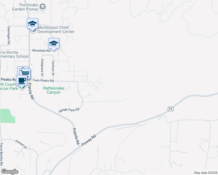 map of restaurants, bars, coffee shops, grocery stores, and more near 14701 Twin Peaks Road in Poway
