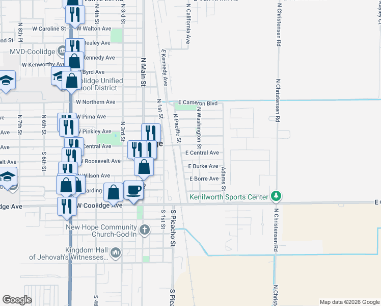 map of restaurants, bars, coffee shops, grocery stores, and more near 204 East Central Avenue in Coolidge