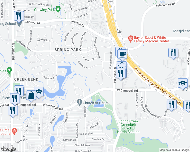 map of restaurants, bars, coffee shops, grocery stores, and more near 6821 Clear Springs Circle in Garland