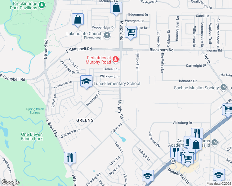 map of restaurants, bars, coffee shops, grocery stores, and more near 1233 Murphy Road in Sachse