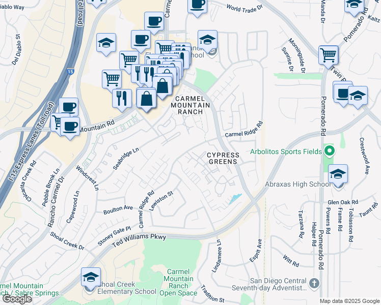 map of restaurants, bars, coffee shops, grocery stores, and more near 14242 Carmel Ridge Road in San Diego