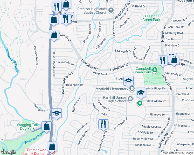 map of restaurants, bars, coffee shops, grocery stores, and more near 6466 Southpoint Drive in Dallas