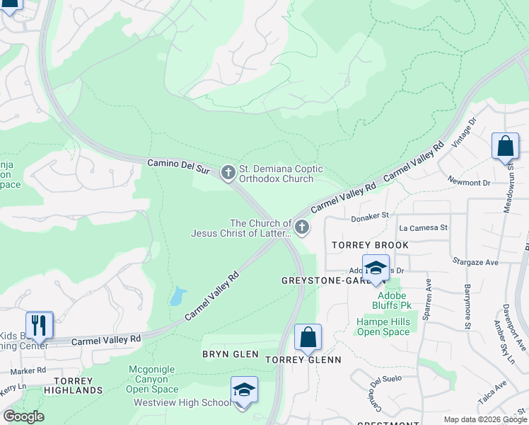 map of restaurants, bars, coffee shops, grocery stores, and more near Camino Del Sur in San Diego